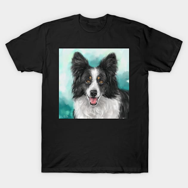 Painting of a Smiling Black and White Border Collie Dog on a Turquoise Background T-Shirt by ibadishi